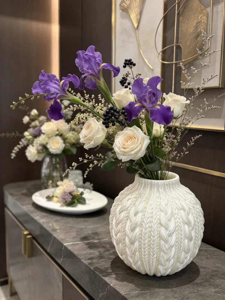 Mini Round Cable-Knit Textured White Vase, 3D Printed Small Drum-Shaped Desktop Flower Vessel. Compact Size That Doesn'T Take up Space on the Countertop, Suitable for Small Apartments and Narrow Storage Areas. the Three-Dimensional Cable-Knit Texture Is Exquisite and Aesthetically Pleasing, Enhancing the Detail and Texture. the Creamy White Base Is Versatile and Doesn'T Stand Out in a Variety of Home Settings. It Can Be Placed on a Washbasin Side Table, Bookshelf, or Partition. It's Suitable for Inserting Small Flower Bouquets or for Individual Decoration. It's a Great Home Decor Item That Creates a Sense of Sophistication in Small Spaces