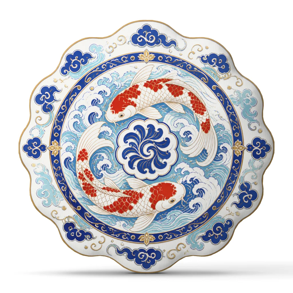 Koi Fish Plush Pillow Asian Porcelain Style Cushion Japanese Wave Throw Pillow Irregular Stuffed Decorative Home Decor Gift