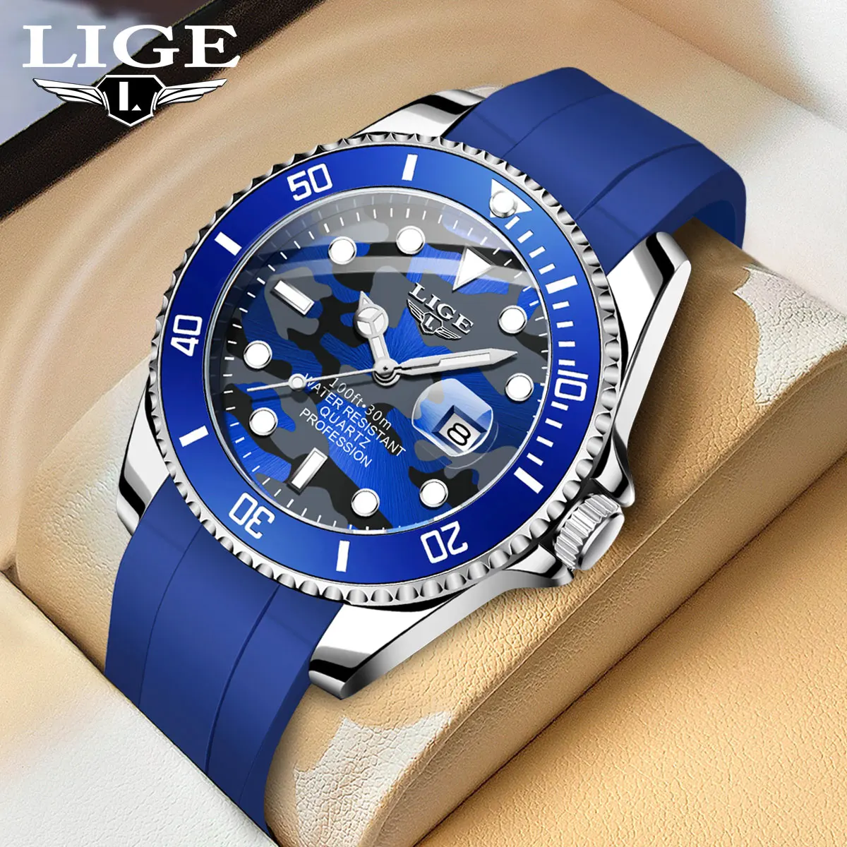 LIGE Top Brand Luxury Silicone Watches for Men Fashion Auto Date Casual Sport Man Watch Chronograph Quartz Clocks Wristwatch+Box