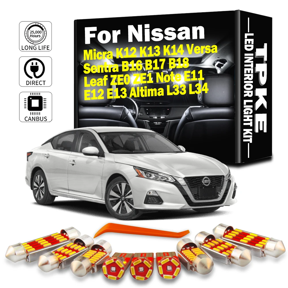 For Nissan Micra K12 K13 K14 Versa Sentra B16 B17 B18 Note E11 E12 E13 Altima L33 L34 Leaf ZE0 ZE1 LED Bulbs Interior Light Kit