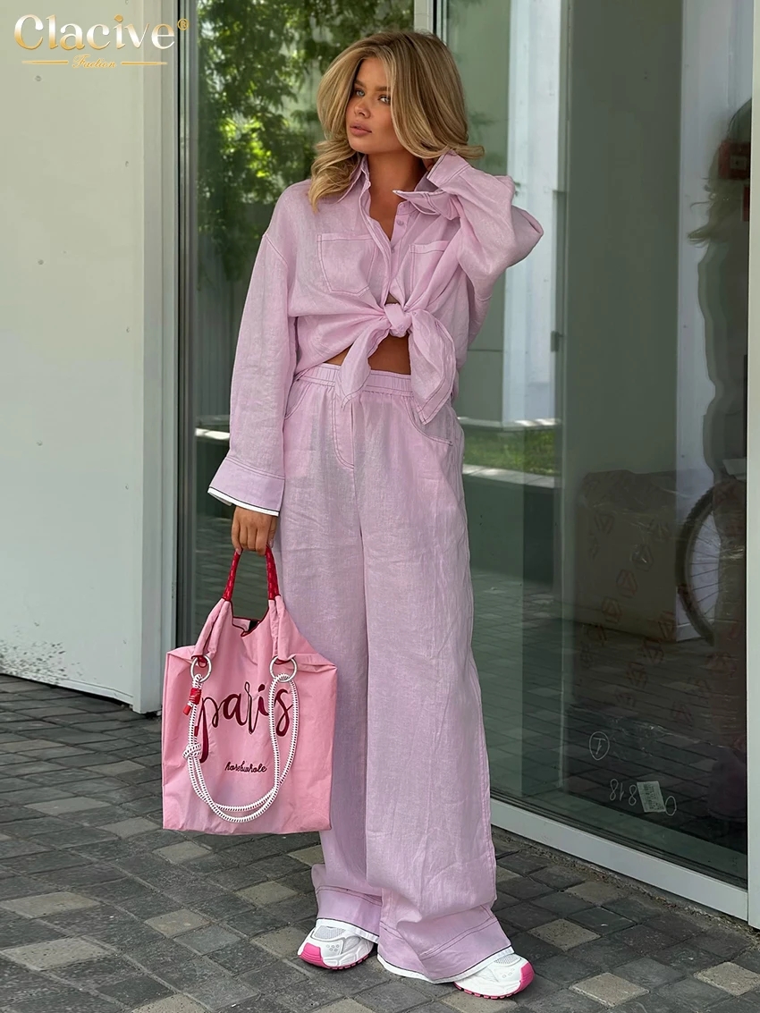 

Clacive Fashion Loose Pink Cotton Women's Two Pieces Set 2026 Elegant Long Sleeve Blouse With High Waist Wide Pants Set Female