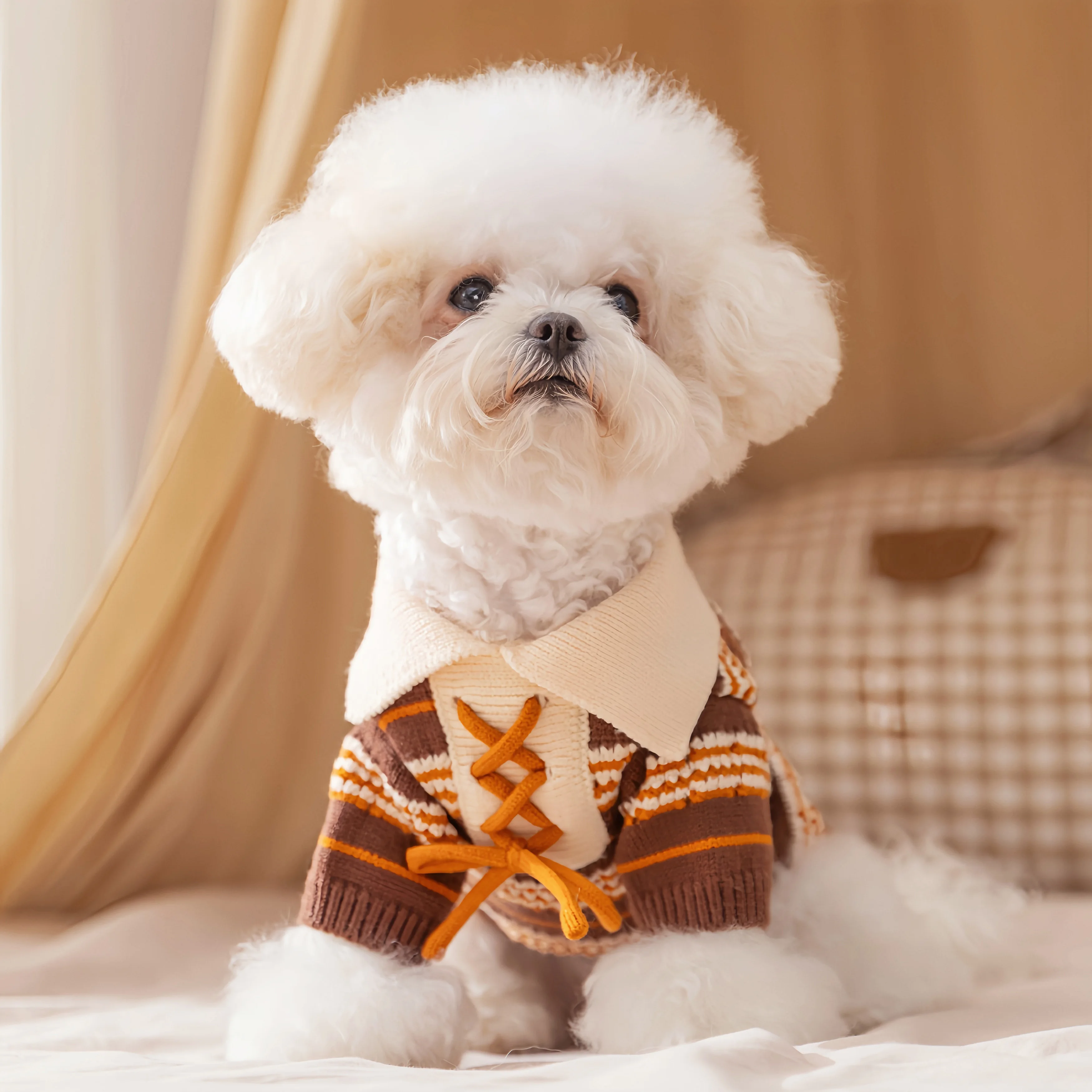 

Vintage Striped Pet Sweater Soft Knitted Pullover with Adjustable Bow Collar for Dogs Cats Warm Apparel Autumn Winter Clothing