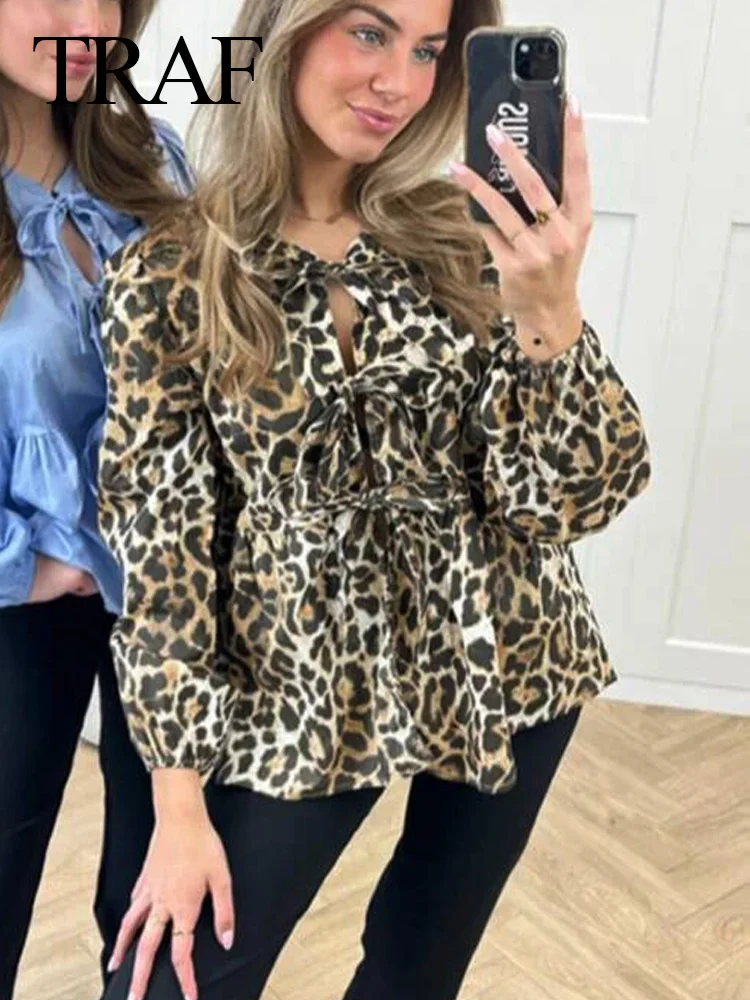 TRAF 2024 Women Fashion Lace Up Leopard Blouse Women Long Sleeve Spliced Casual Loose Cardigans Shirts Female Chic Tops