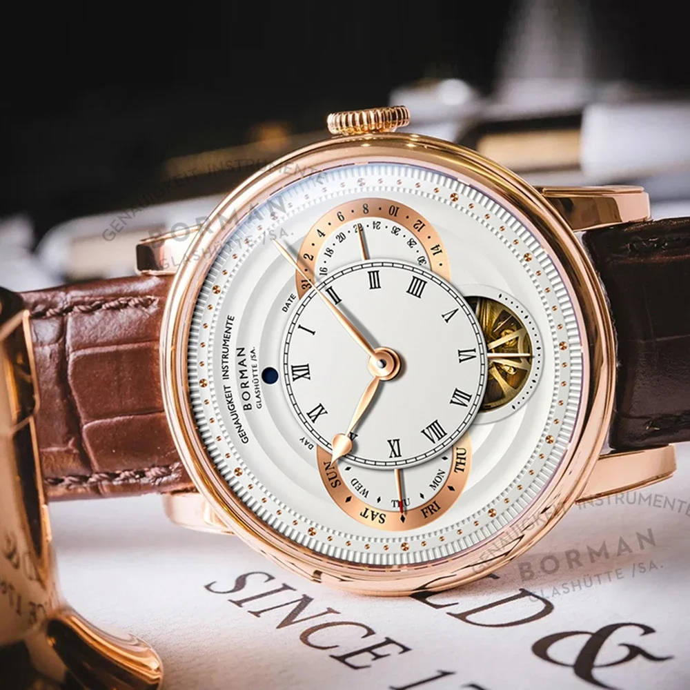 BORMAN Men Automatic Watch 42mm Mechanical Wristwatch Sapphire Mirror Skeleton Dial Week Date