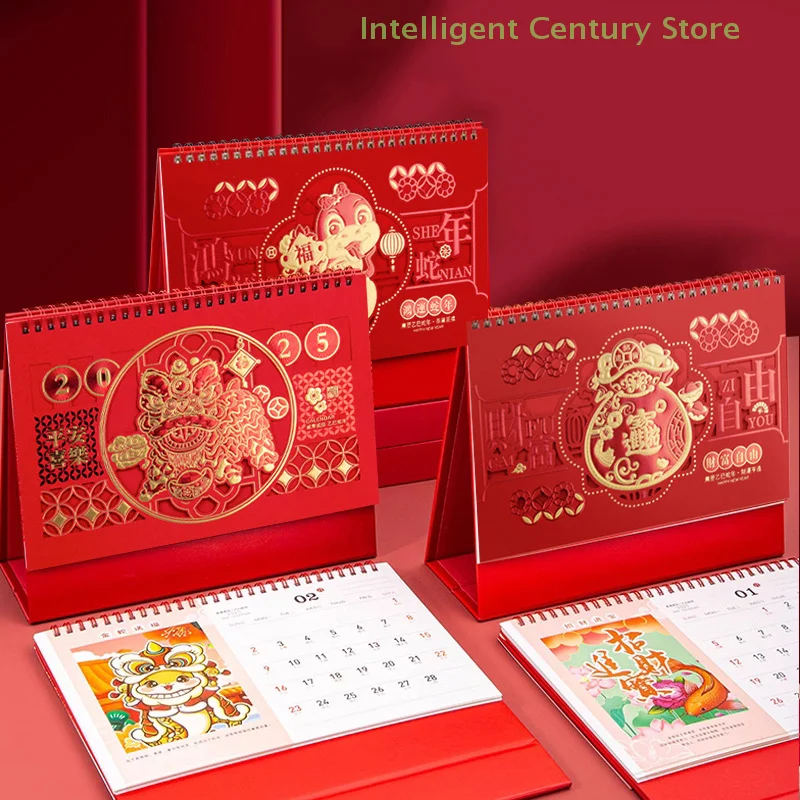 

2025 Red Snake Year English Desk Calendar Hollow Embossed Calendar Office Desktop Decoration Calendar Free Notes Time Manager