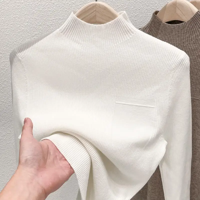 Women Korean Sweater 2024 Autumn Winter Half High Collar Knitted Pullover All-Match Soft Solid Colors Long Sleeve Jersey Sueter