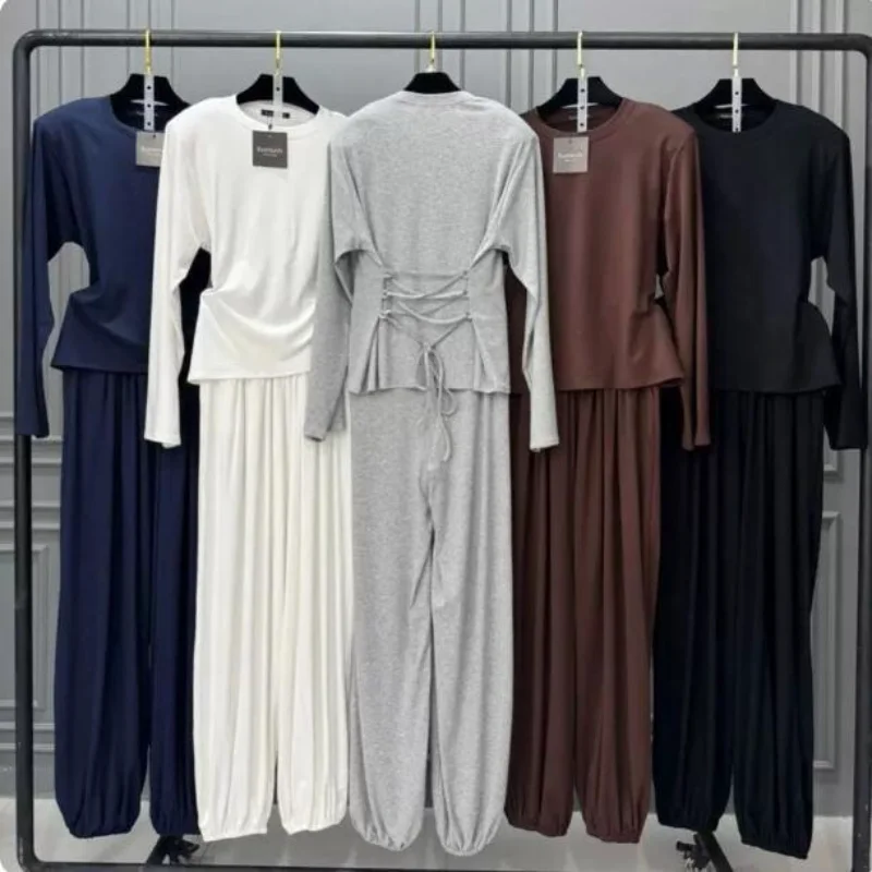 Spicy Girl Style Set round Neck Long Sleeve Top Wide Leg Pants Back Strap Design Simple Two Piece Set Casual Fashion Women's ...