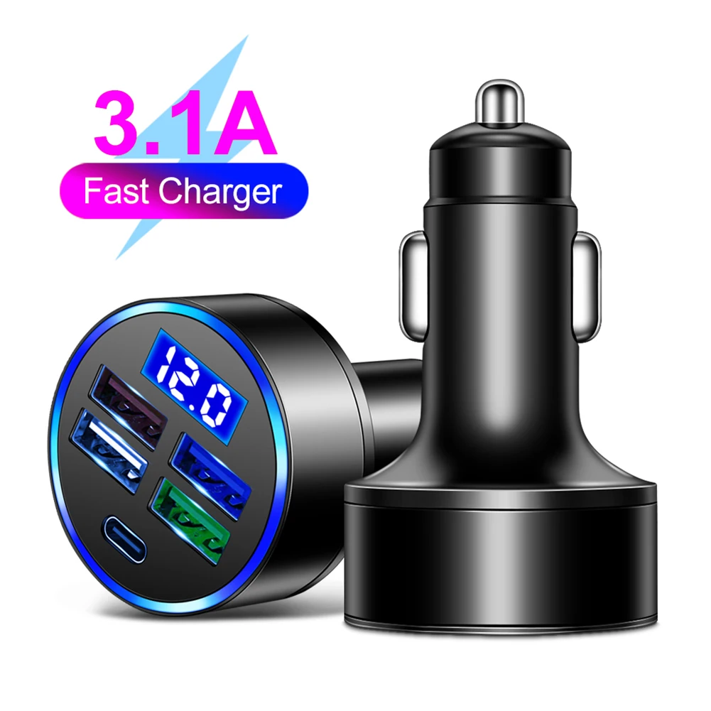 15.5W 4USB Car Charger Type-C Digital Display Car Power Charger 5V 3.1A With Voltage Detection Multi-port Car Power Adapter