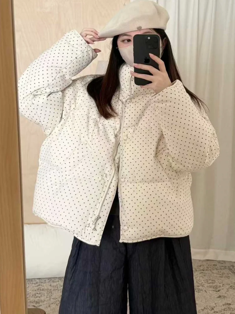 

Warm Polka Dot down Jaet Women's Loose Fit Stand Collar Commuter Sle Korean Faion Winter Outerwear Casual Leisure