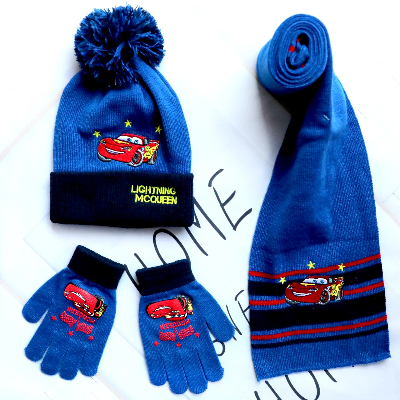 3Pcs Kids Racing Car Pattern Knitted Hat Scarf Gloves Set Pompon Beanie Warm Caps Autumn Winter Accessories for Boys Gift