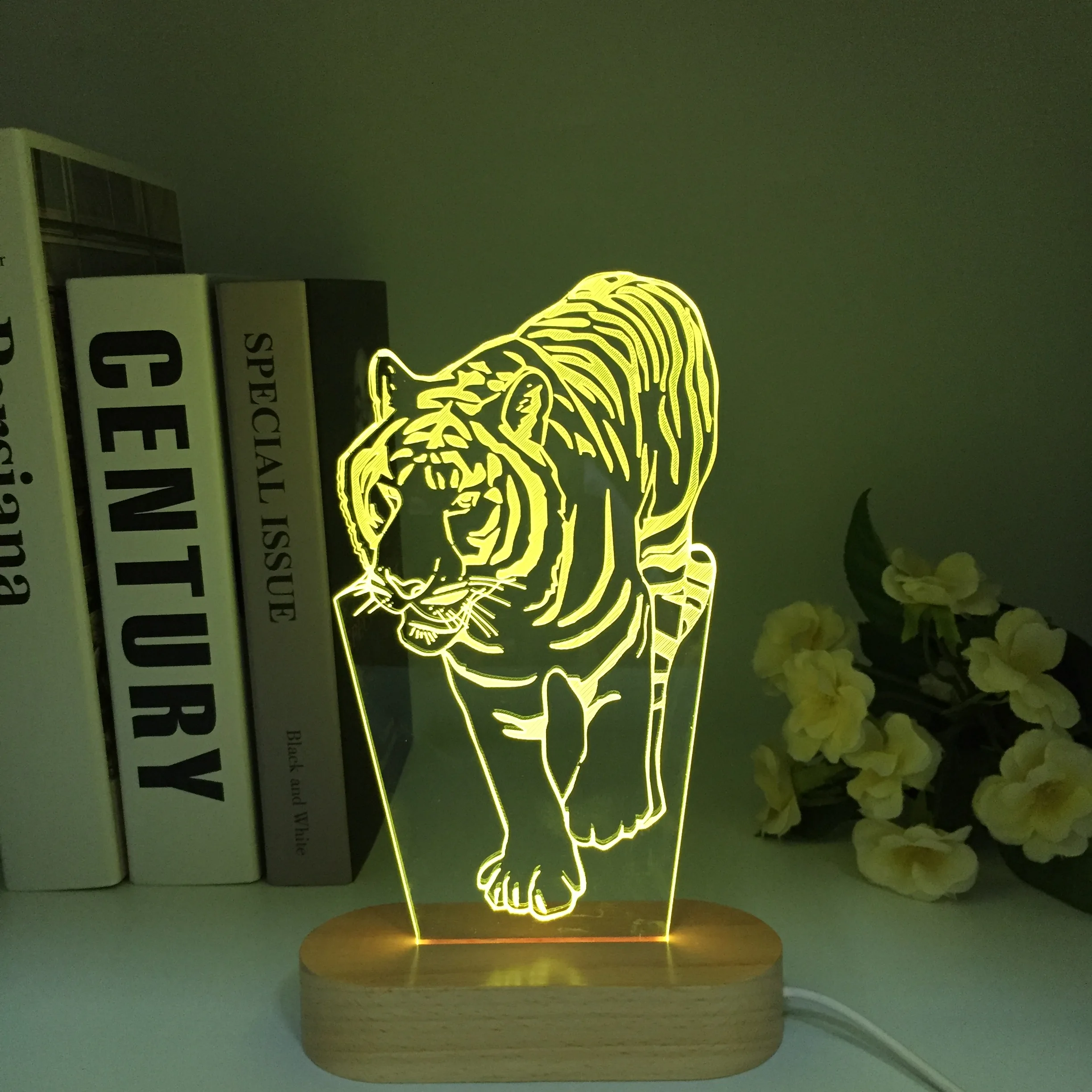 Newest 3D Acrylic Led Night Light Tiger Figure Nightlight for Kids Child Bedroom Wooden Lights Gifts for Home Decor Table Lamps