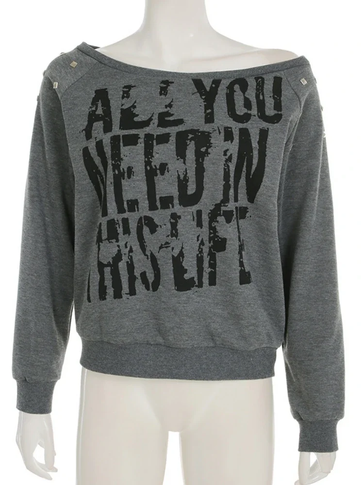 Y2k Felpa con cappuccio con colletto obliquo con rivetti estetici da donna Felpa con cappuccio streetwear con stampa di lettere scure Harajuku Felpe vintage allentate casual