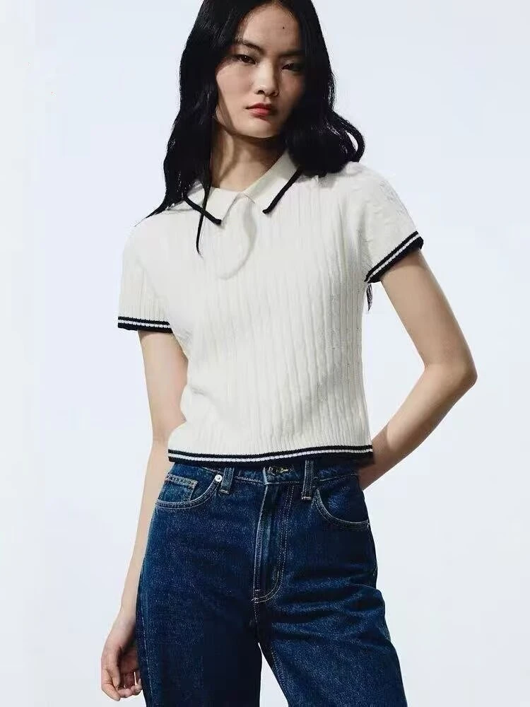 

YY2879 Spring 26 New Knitted Sweater with Collar Twisted Flower College Style Short Sleeve Sweater Top 1329592