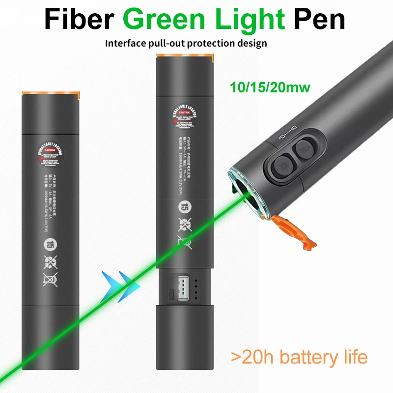 Fiber Green Light Pen 10/15/20mw VFL Rechargeable 2200mAh Li-Batterie Visual Fault Locator Fiber Optical Test Green Light Pen