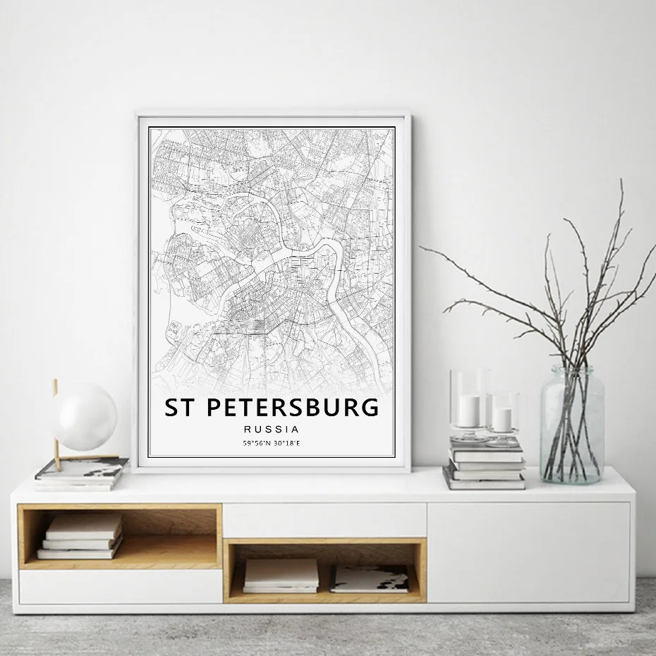 Black White Moscow St Petersburg City Map Russia Posters Prints Canvas Painting Modern Wall Art Pictures Living Room Home Decor