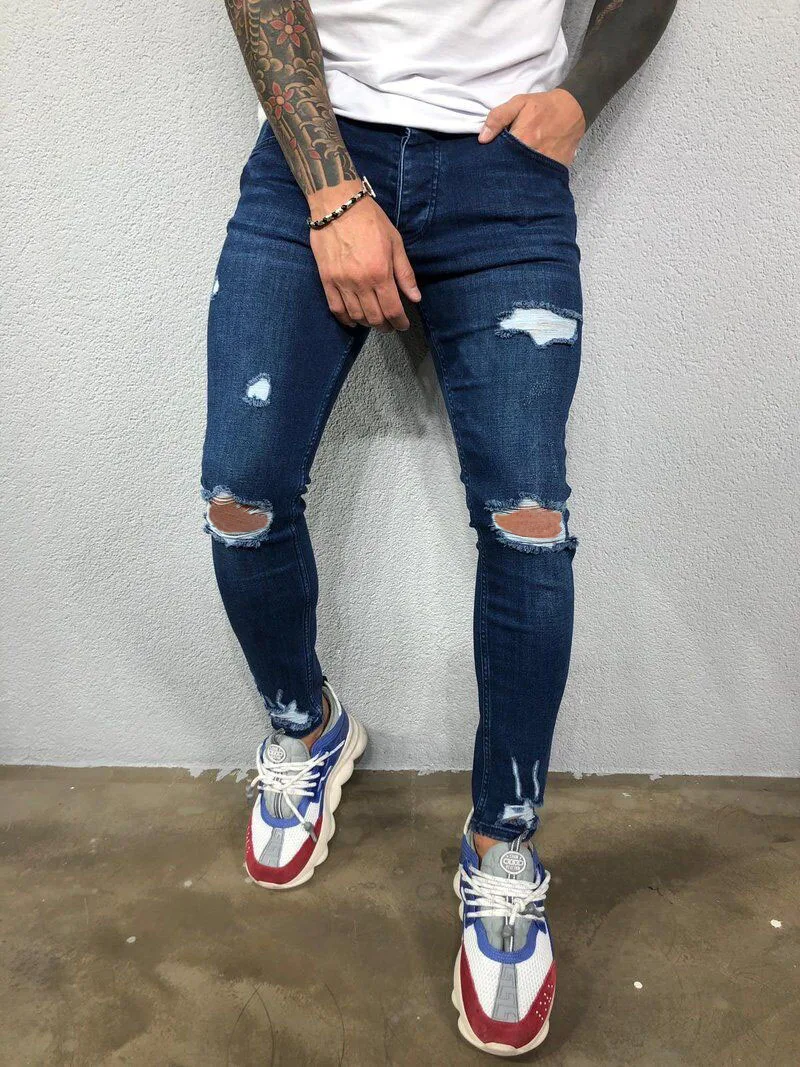 Mens Jeans Black Blue Cool Skinny Knee Hole Ripped Stretch Slim Elastic Denim Pants Solid Color High Street Style Trousers Man