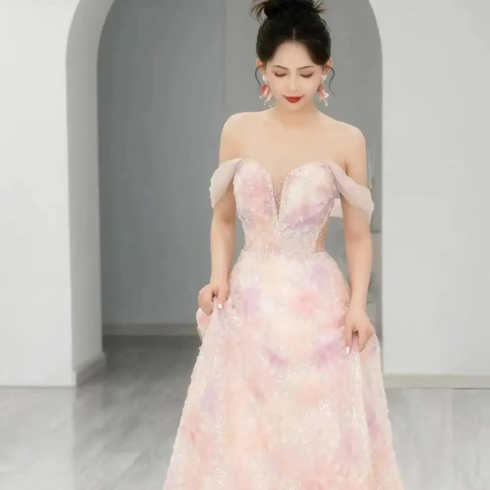 

Light Luxury Pink Evening Dress Women's Sweet Pleated Off The Shoulder Flower Applique Prom Gown Elegant Sequins A-Line Vestido