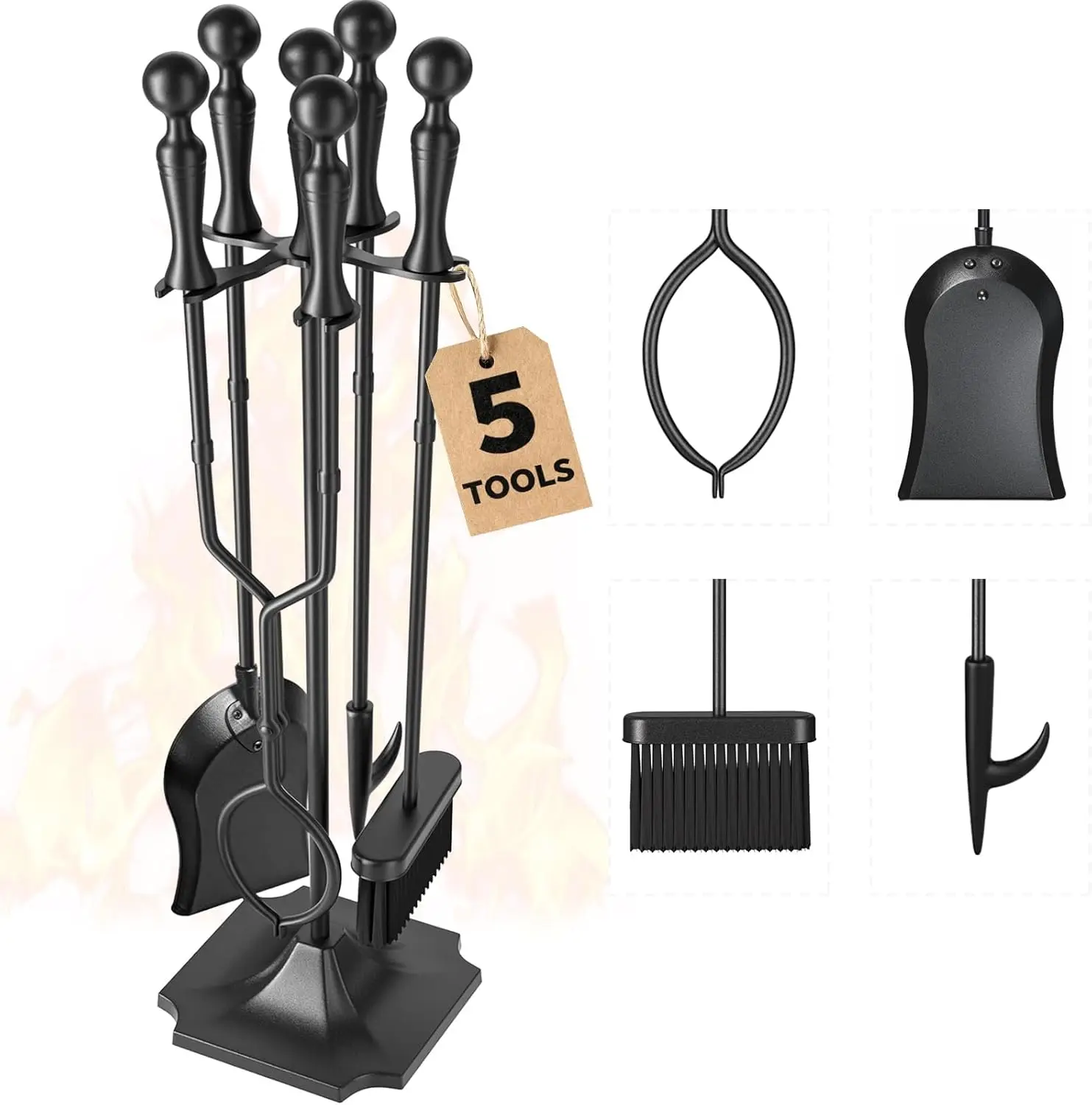 

Набор инструментов для камина из 5 предметов, черная ручка из кованого железа 31 дюйм, аксессуары для костра в помещении и на открытом воздухе с подставкой