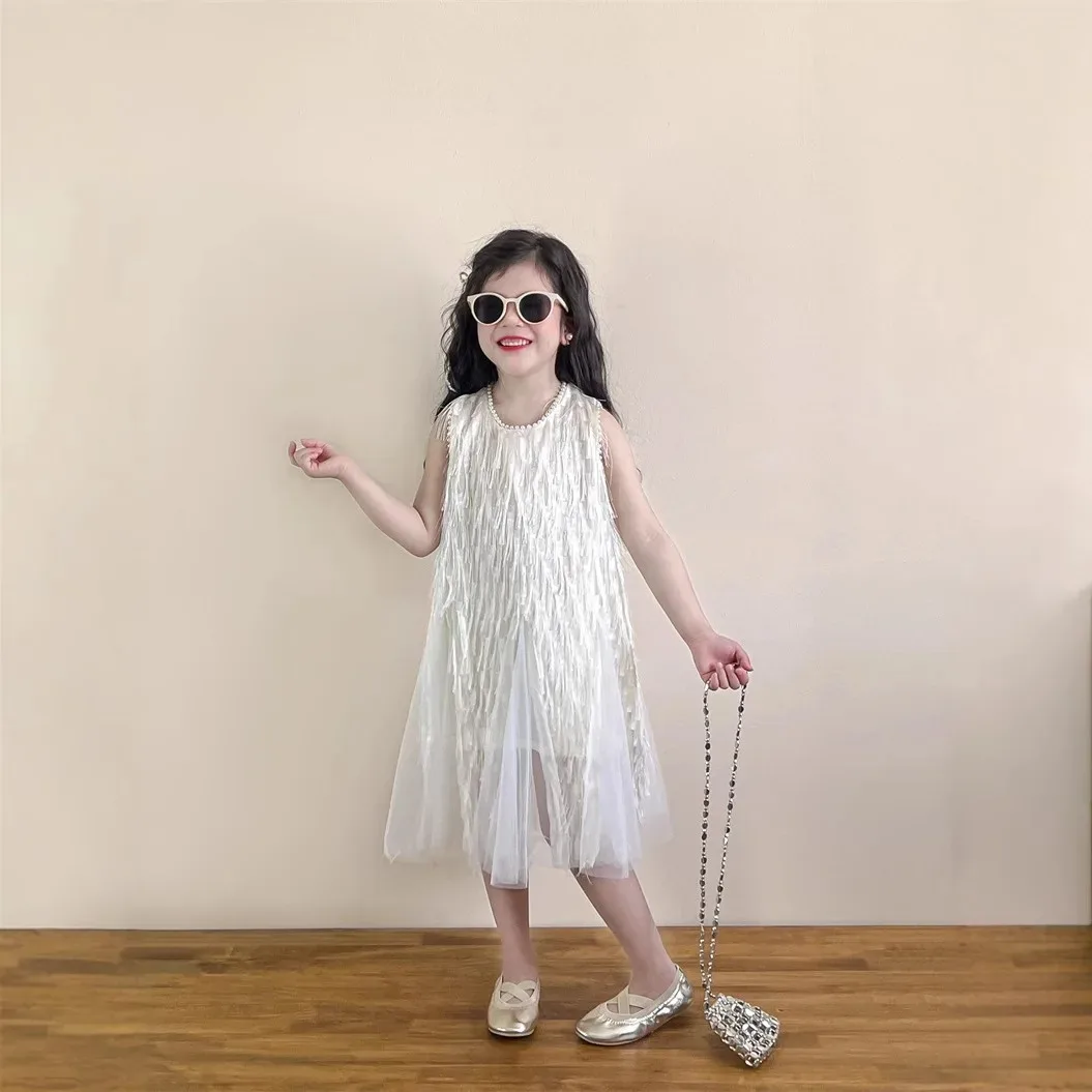 

Girls Skirt 2025 Summer New Childrens Clothing Korean Style Girl Baby Sweet Pearl Tassel Mesh Yarn Princess Dress Casual Simple