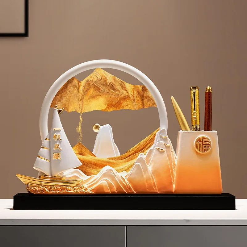 New Chinese Style Smooth Sailing Creative Quicksand Brush Holder Ornament High-end Office Desktop Decoration Gift