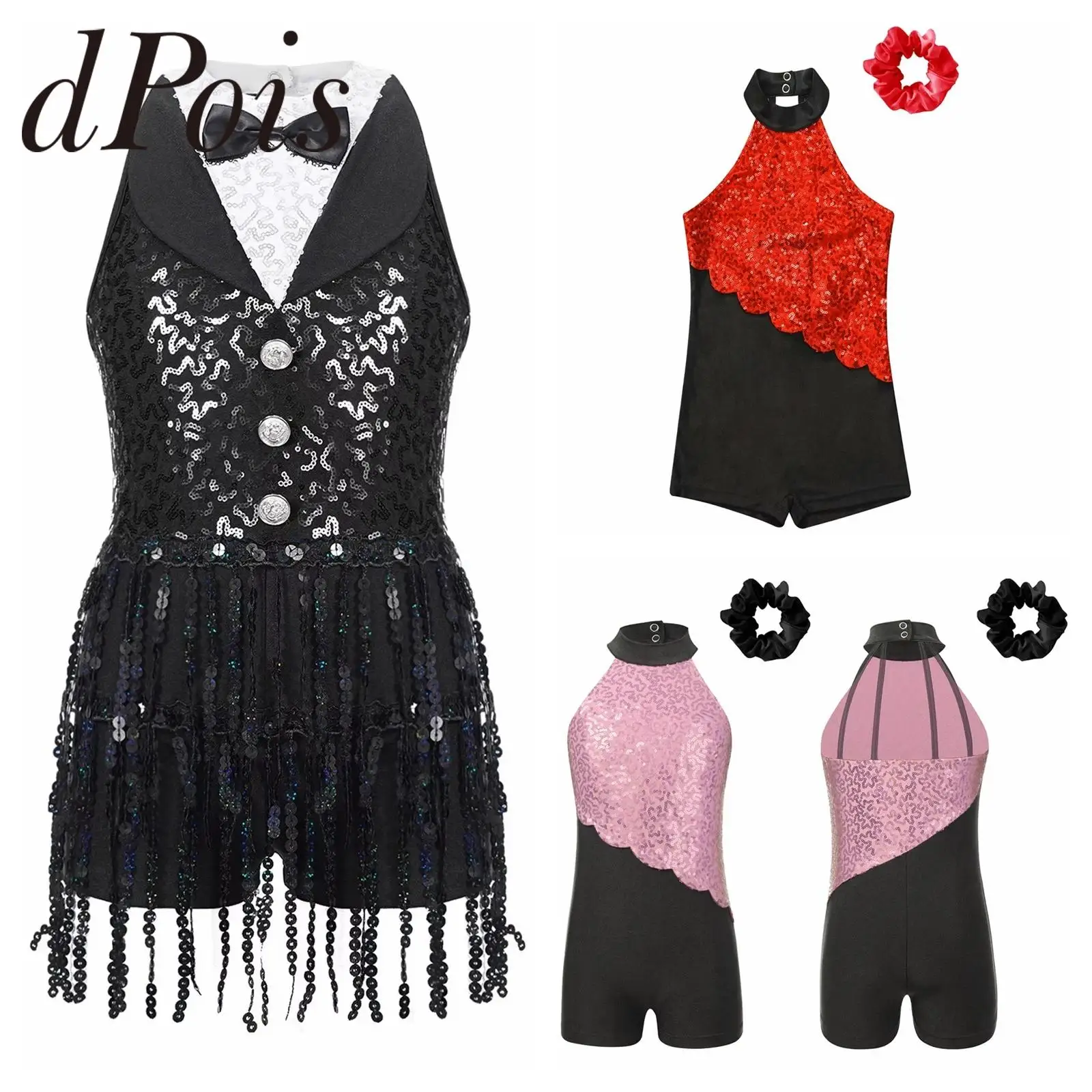 Fashion Teens Tuxedos Leotard Kids Girls Jazz Latin Chacha Ballet Dance Unitard Short Bodysuit Sequins Street Dance Jumpsuit