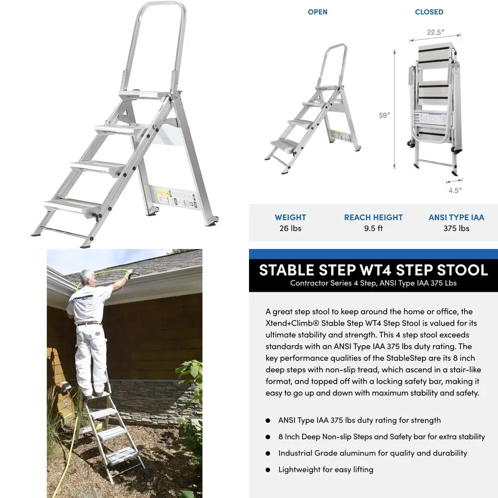 

Aluminum 4-Step Folding Ladder with Handrail for Contractors, Portable and Durable Work Platform