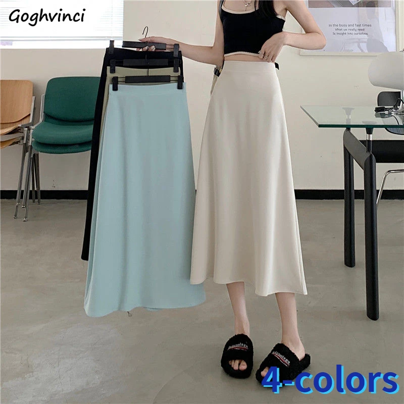 

Skirts Women Summer Solid High Waist Friends Korean Style Streetwear Leisure Trendy Baggy Ulzzang Popular Mid-Calf A-line