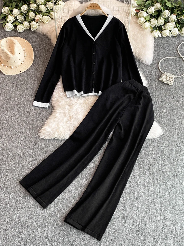 EWQ Women's High-end Knitted Cardigan Jacket+high Waist Wide Leg Pants Two-piece Set Y2k Korean Fashion Tide Autumn Winter 2024