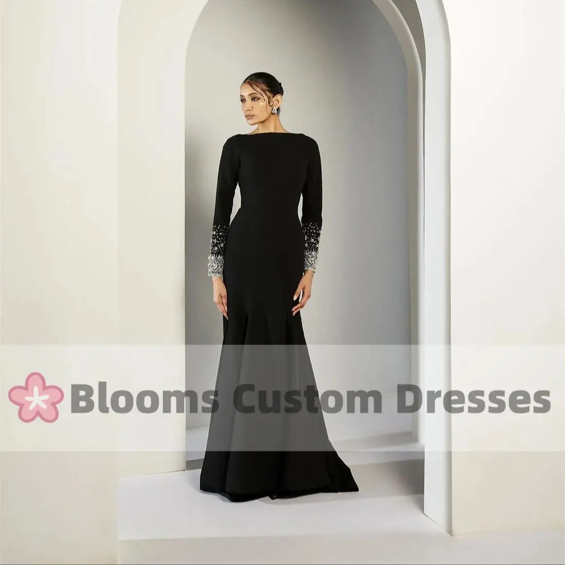 Blooms Black Long Cape Beaded Long Sleeves Customized Evening Dress Elegant Prom Dress Floor-Length Wedding Formal Party Gown