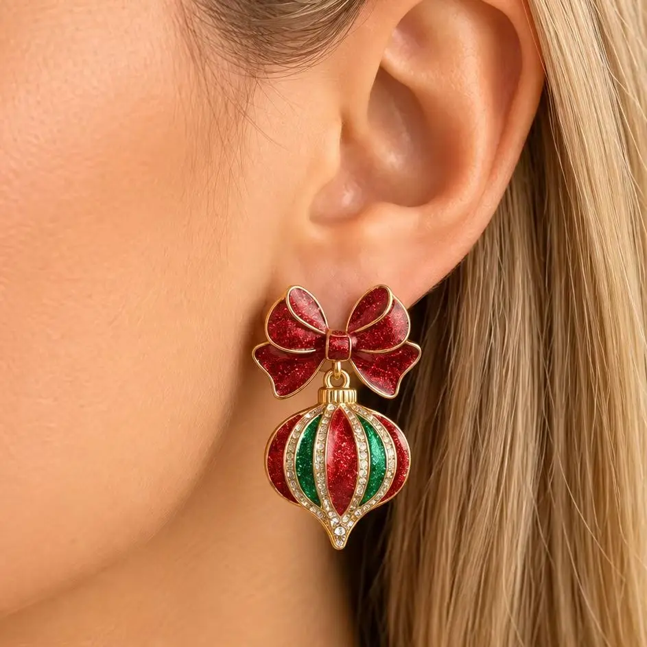 Festliche Weihnachtsschleifen-Ohrringe für Damen, Glitzernd in Rot und Grün, Feiertagsschmuck, Niedliches Geschenk-Accessoire, Statement-Schmuckstück
