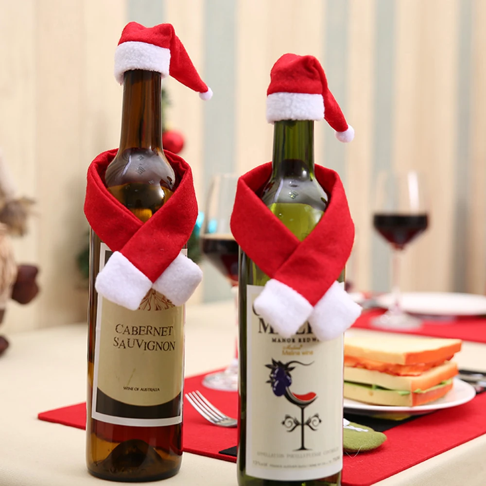 Merry Christmas Drink Bottle Bag Set Wine Bottle Covers Red Santa Claus Hat Xmas New Years Party Family Dinner Table Decor