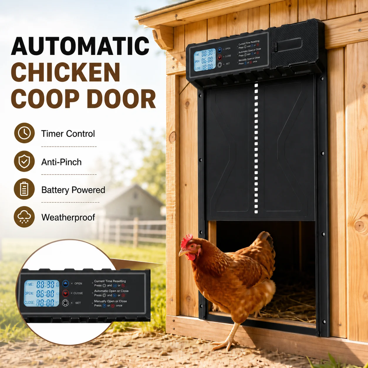 Porte automatique pour poulailler en alliage d'aluminium, double mode (programmable et manuel) avec protection anti-pincement, alimentée par batterie, résistante aux intempéries, pour l'élevage