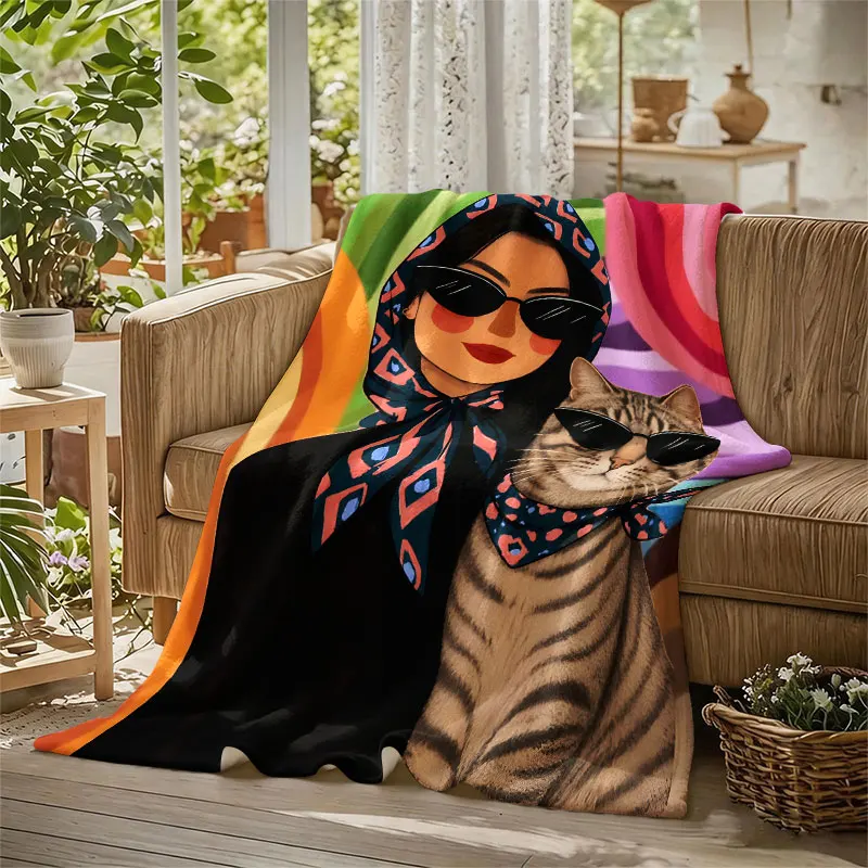 Woman Cat Sunglasses Pop Art Flannel Blanket Perfect for Sofa Office Bed Travel Sleep Read Relax Camping Four Season Use