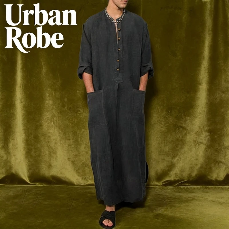 

Southeast Asian Men Striped Robe Stand Up Collar Loose Hoodie Pocket Religious Holiday Wear