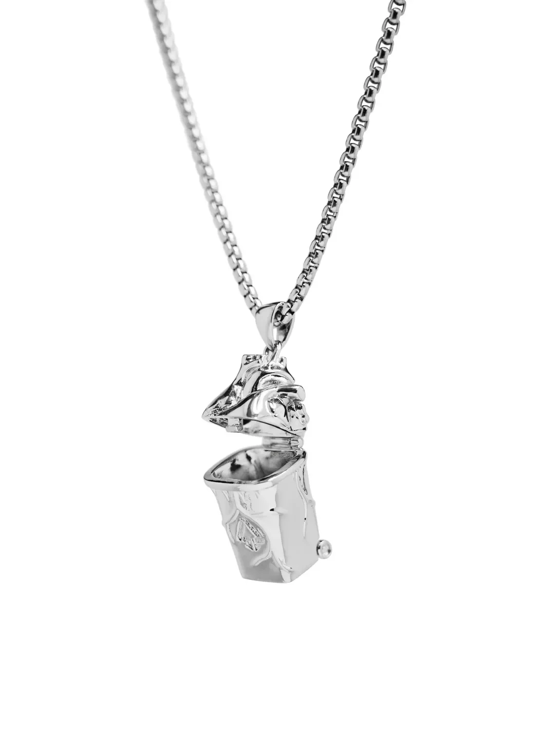 Sense of Design Silver Color Can Open Trash Can Shape Pendant Necklace UNISEX Can Hold Mini Items, Pills Necklace Jewelry Gifts