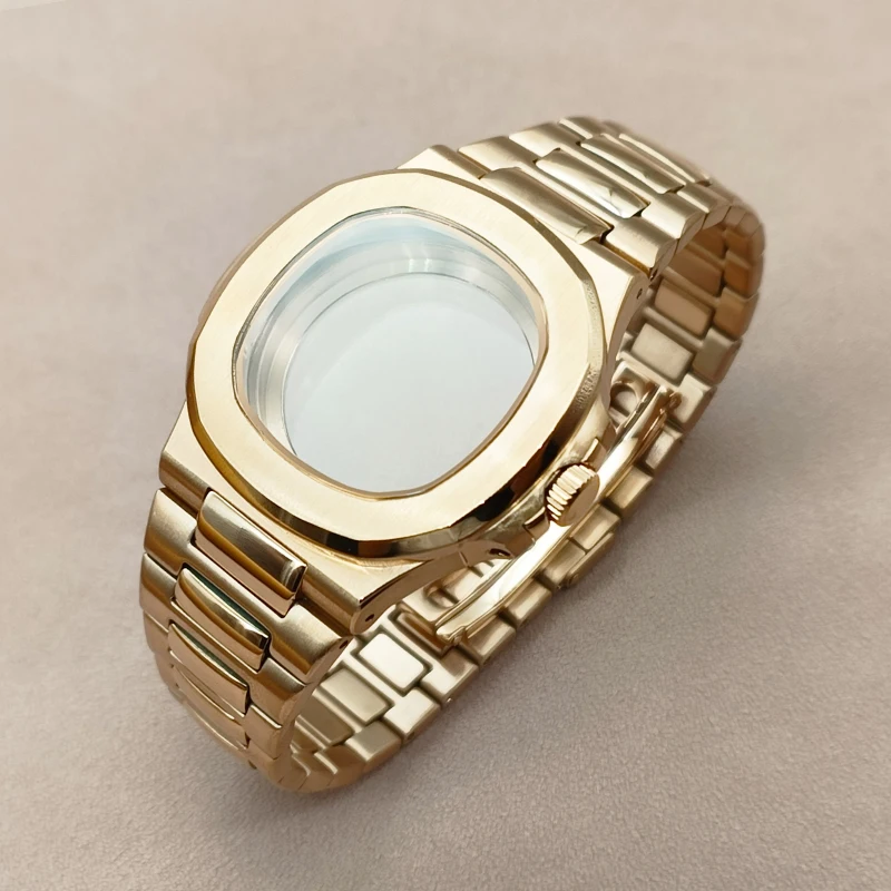 

Rose Gold Nautilus Watch Case and Strap Fits NH35 NH36 7S Movement Transparent Back Cover 20ATM Sapphire Men Diving Watch Cases