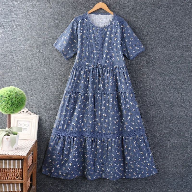 Summer Sweet Mori Girl Floral Print Embroidered Cotton Linen Dress Women O-neck Short Sleeve Casual Loose Vintage Dresses