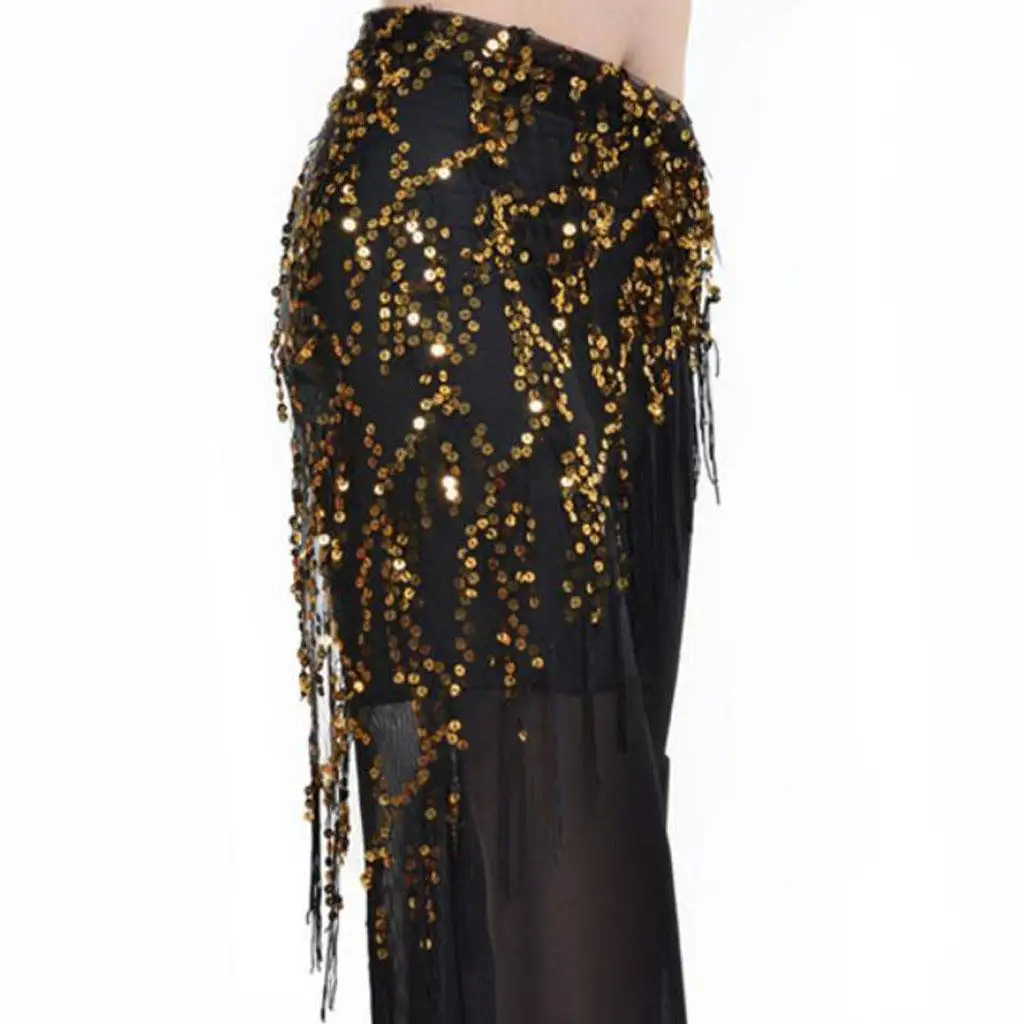 Womens Fringed Sequin Mesh Belly Dance Costume Hip Scarf Skirt Belt Wrap Accessory for Practice Stage Show