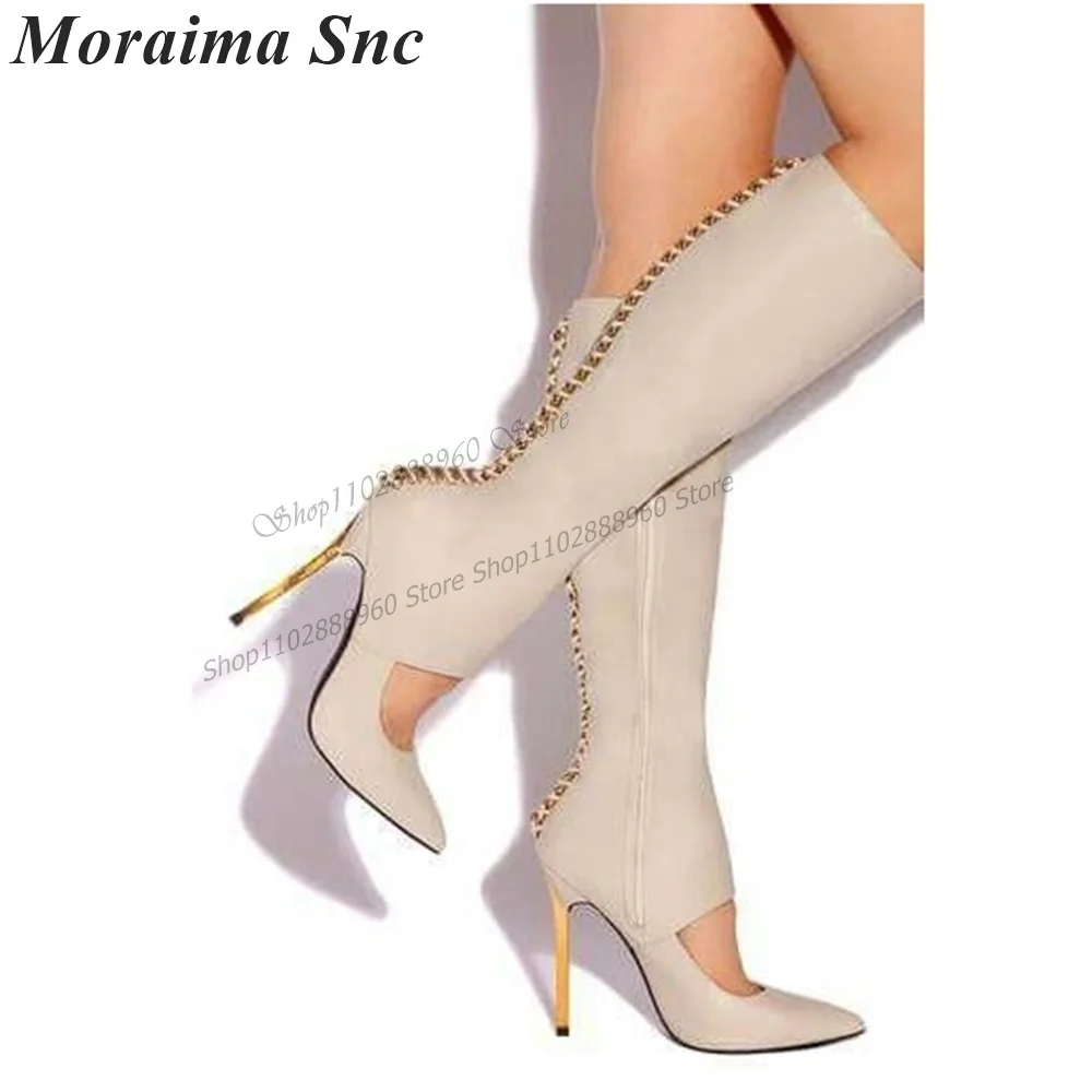 

Knee High Apricot Hollow Metal Decor Boots Stilettos High Heel Shoes For Women Side Zipper Pointed Toe 2023 Zapatos Para Mujere