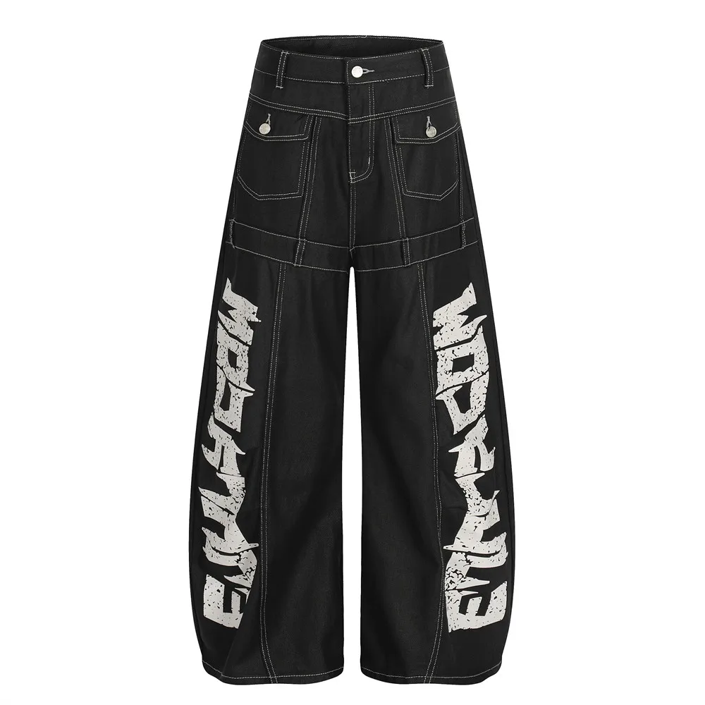 MWJLPWQ 2026 Spring Autumn Men's Trendy Jeans Coated Letter Print Machete Trousers Stitching Split Niche Wide-Leg Pants 14625