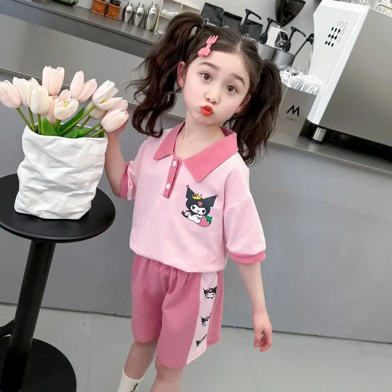 Anime Sanrios Summer Short-Sleeved Sportswear Kawaii Kuromi Children Fashion T-Shirt Shorts Two-Piece Set Casual Summer Clothes