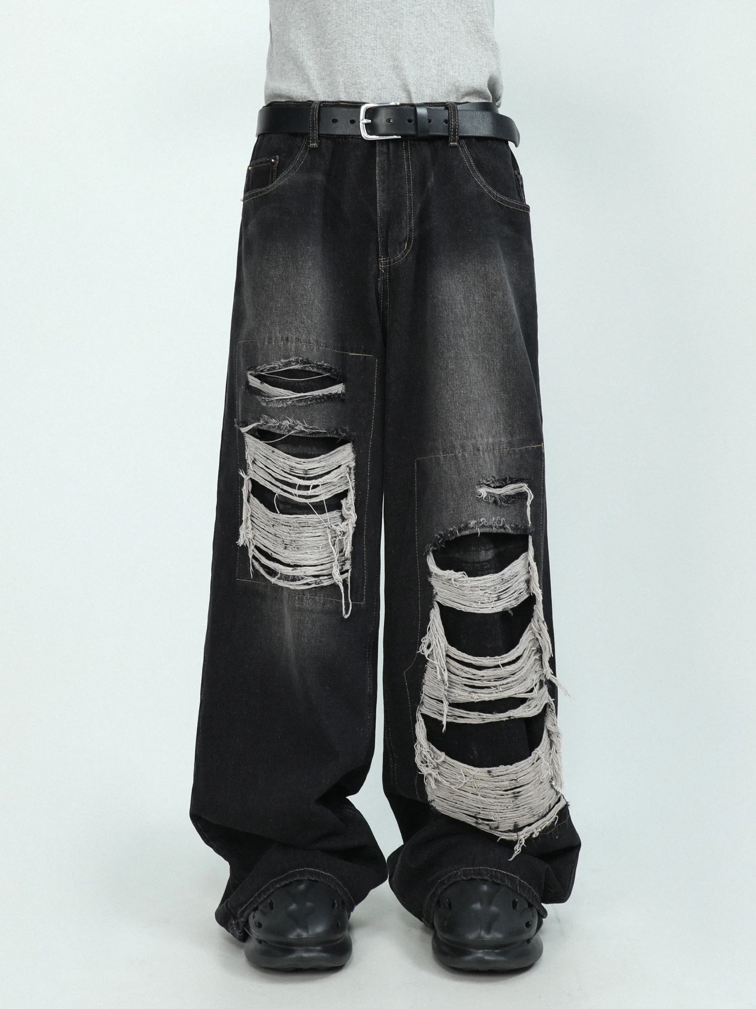 

High end Perforated Denim Pants for Men's Design Sense Small and Loose Wide Leg Straight Leg Pants hiphop