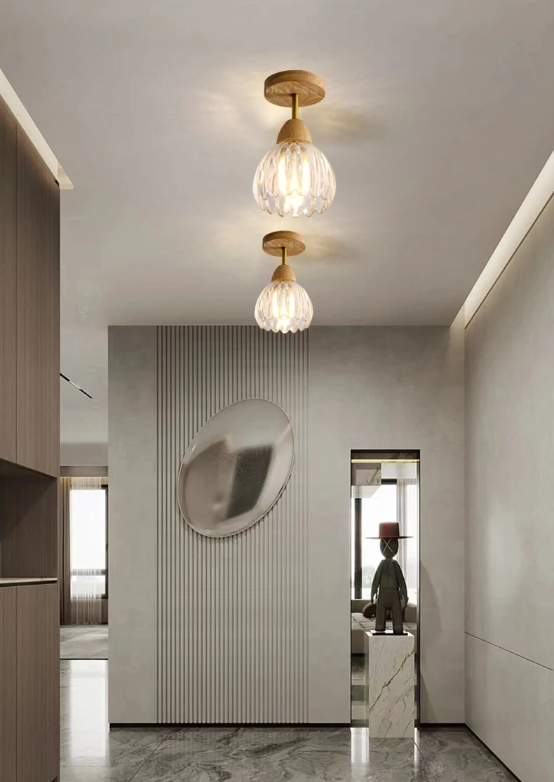 Clear Glass Ceiling Light Wood E27 Bulb