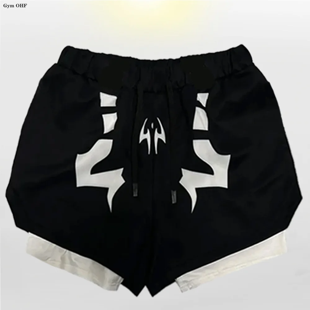Double Layer Shorts Men\'sPrint Gym Casual Sports Compression Shorts Running Mesh 2-in-1 Sports Boxing Training Shorts Man