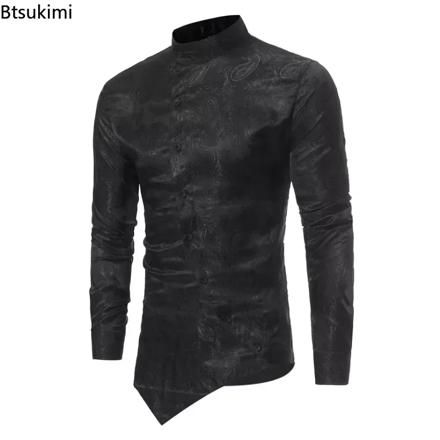 2026 Men\'s Irregular Oblique Hem Shirts Fashion Printed Stand Collar Button Long Sleeve Shirts Slim Casual Social Shirts for Men