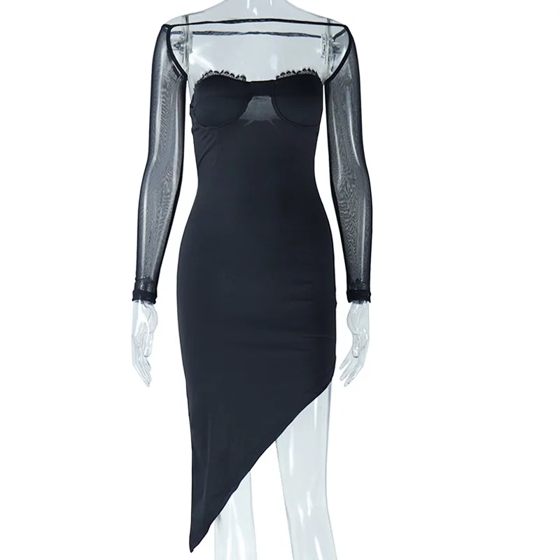 Sexy ciglia pizzo maglia trasparente Pactwhork vestito donna elegante senza spalline Backless aderente irregolare sera Club wear abiti da festa