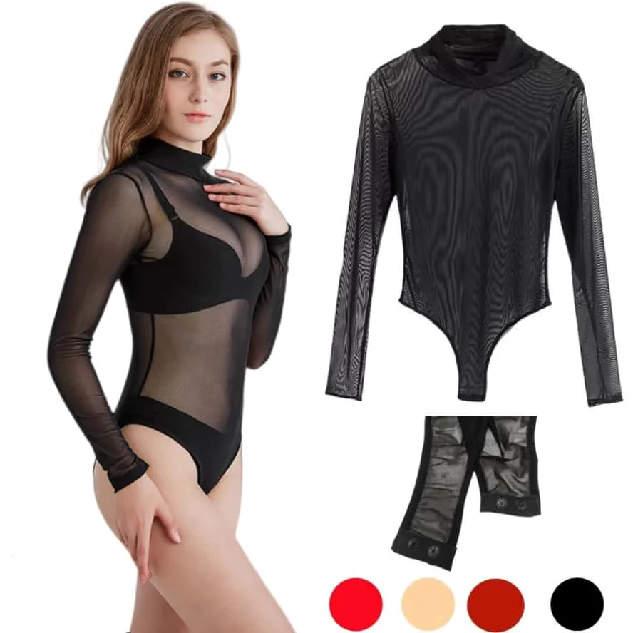 NEW Long Sleeve One-pieces Sexy Body Suit Lingerie Sheer Black red Christmas Mesh Bodysuits Tops Shirts for Women Plus Size XXXL