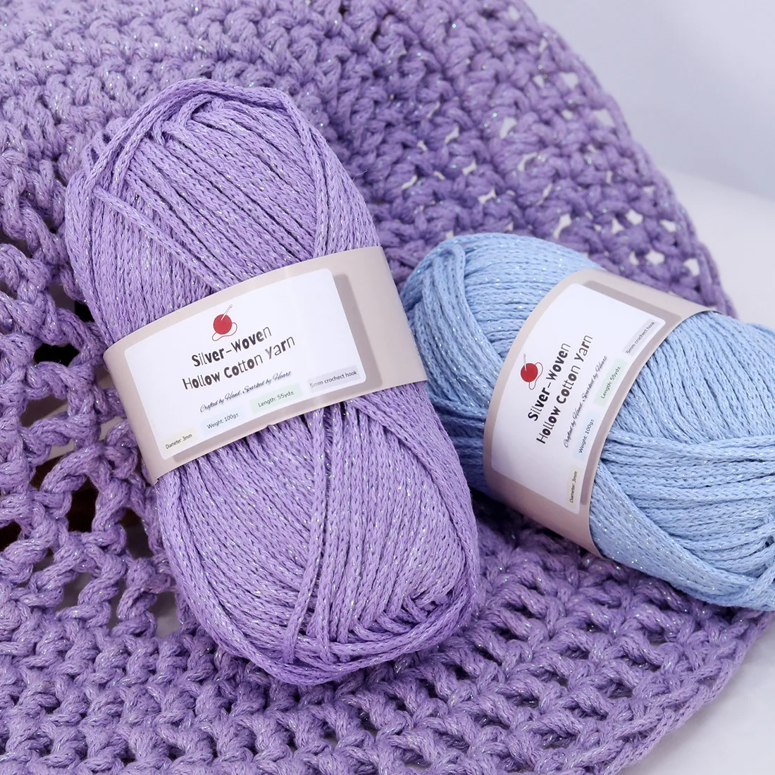 50g 2mm Silver Woven Round Stranded Hollow Cotton Thread Medium Coarse Cotton Linen Hand Woven DIY Crochet Hat Thread