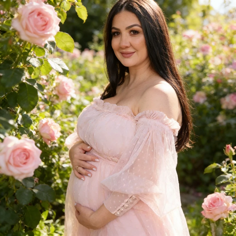 

Платье для беременных в горошек из фатина с открытыми плечами и пышными рукавами, длинное, для фотосессий, удобное, повседневное