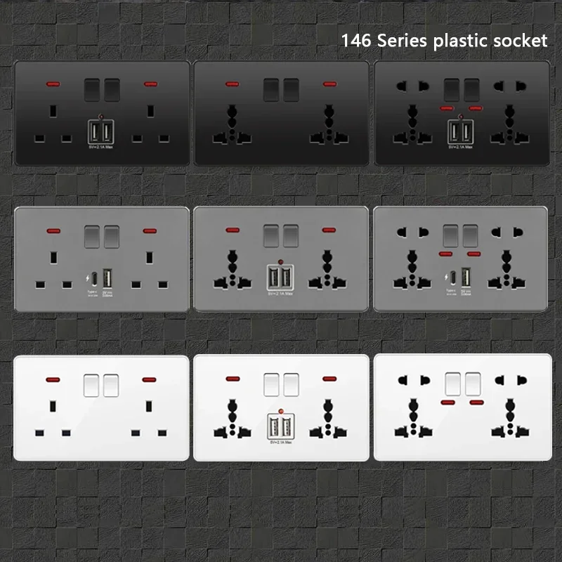 18W Type-C Plug Quick Charging Universal 5-pin Dual Power Socket,UK Standard 13A Wall Socket with DC 5V 3.1A Type-c USB Charger